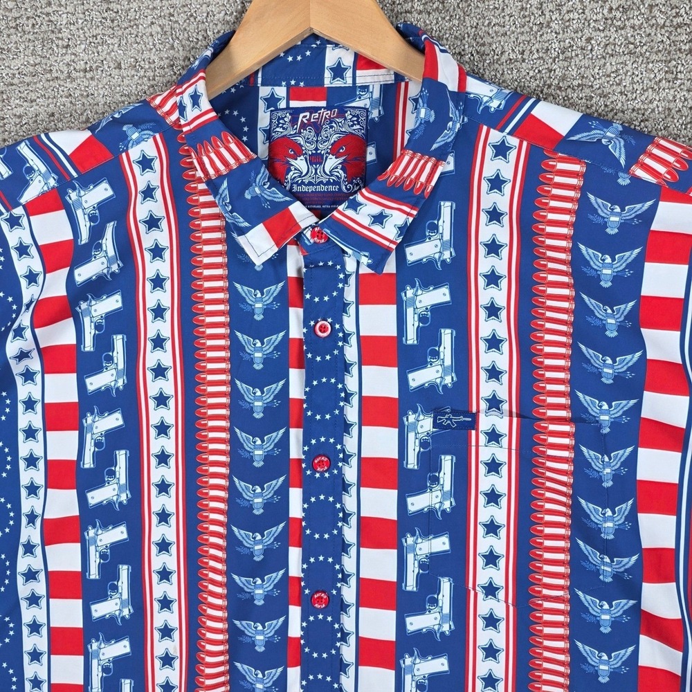 Retro Rifle Independence Men 4XL Patriotic Gun Eagle Star Striped Button Shirt